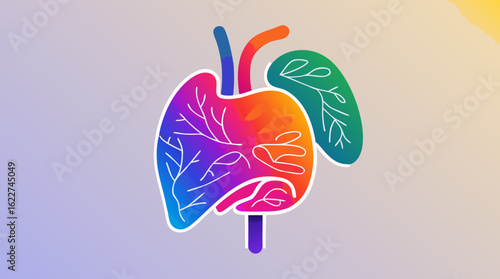 Vibrant gradient illustration of the human respiratory system with nature elements. Creative medical art for pulmonology and wellness.