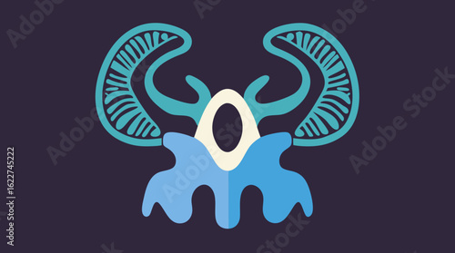 Stylized illustration of a symmetrical mystical emblem with horn-like shapes and organic flowing forms.