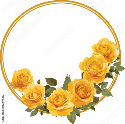 Elegant golden circle frame with beautiful yellow roses decoration vector