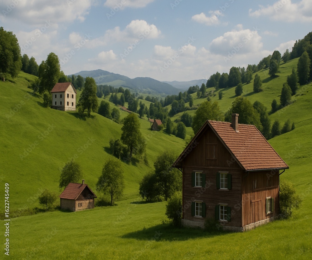 A picturesque valley unfolds with lush green hills dotted with trees under a bright blue sky. Several charming wooden houses with red-tiled roofs are nestled among the slopes, creating a serene rural
A picturesque valley unfolds with lush green hills dotted with trees under a bright blue sky. Several charming wooden houses with red-tiled roofs are nestled among the slopes, creating a serene rural