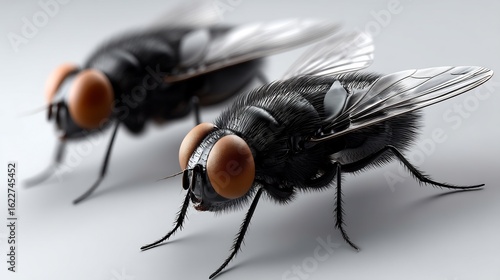 Detailed Close-Up of Two Houseflies on a White Surface Revealing Intricate Details