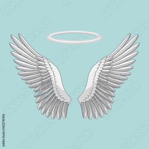 Angel wings with halo illustration on blue background a symbol of purity peace and freedom heavenly spirit concept