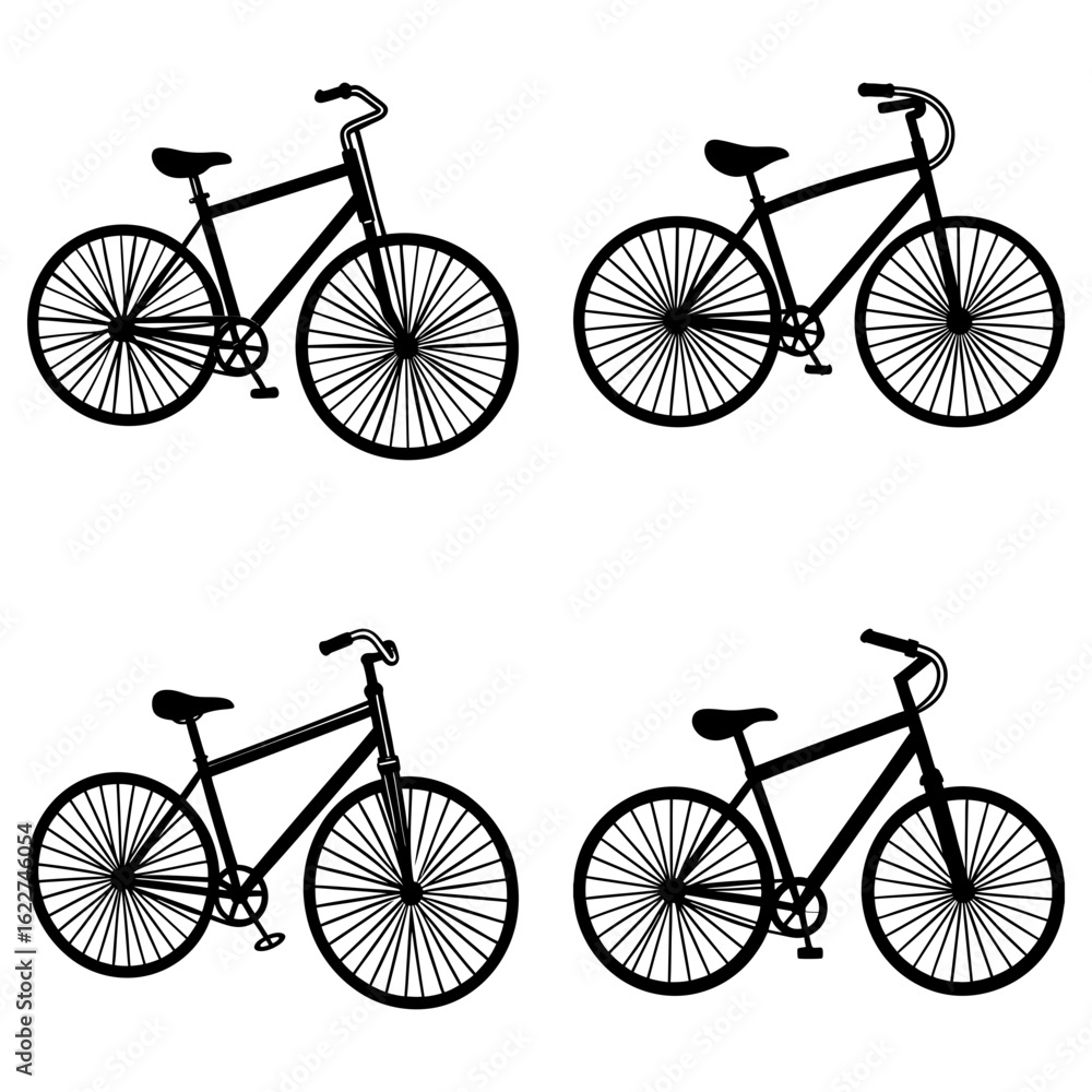Obraz premium Four bicycle illustrations arranged in a square pattern showcasing different bicycle designs and styles