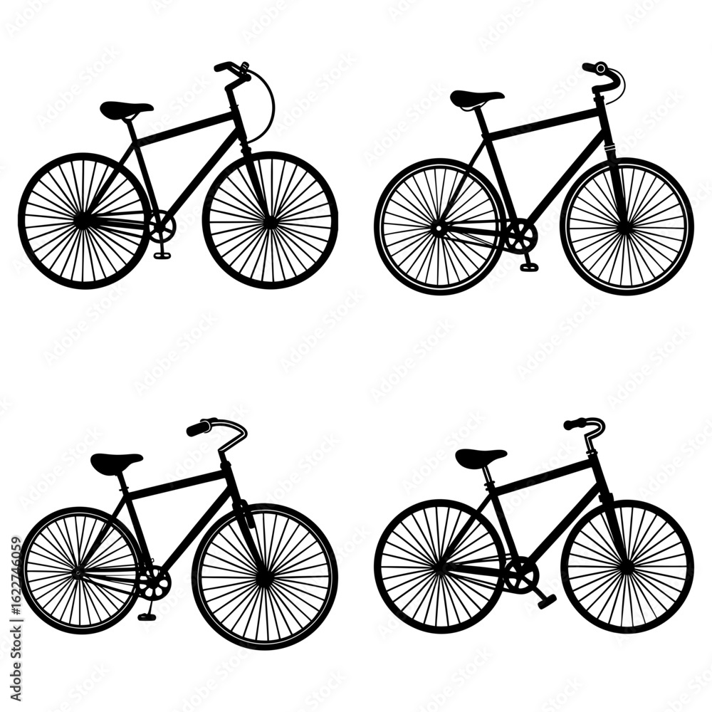 Obraz premium Four bicycle silhouettes arranged in a square pattern showcasing different handlebar styles and frame designs