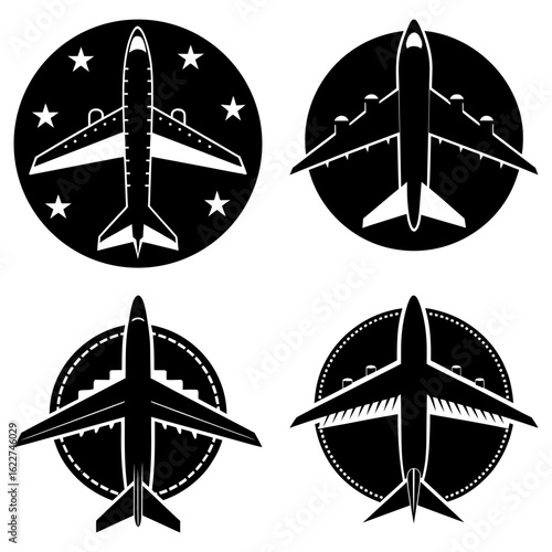 Four airplane icons in black and white with different backgrounds and airplane styles in vector format