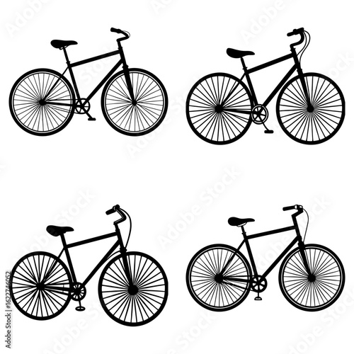 Four silhouette bicycles with different handlebar styles displayed on a white background in a pattern