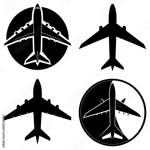 Four black and white airplane silhouettes in different orientations and compositions on a white background