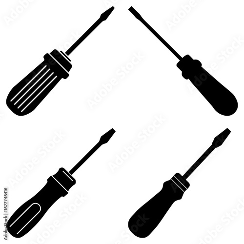 Illustration of four black screwdrivers with different handles arranged in a symmetrical pattern
