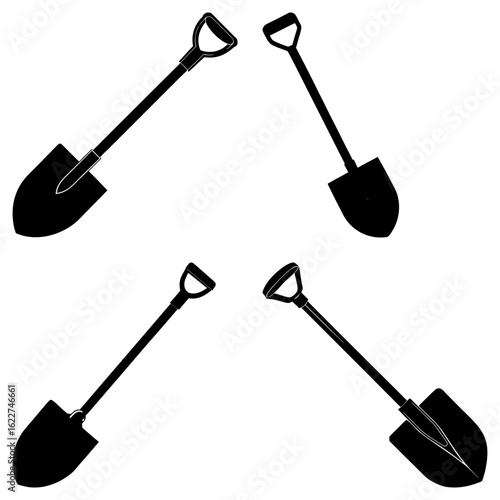 Four black shovels with d shaped handles arranged in a symmetrical pattern on a white background view
