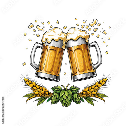 Two frothy beer mugs clinking together in a celebratory cheers with golden on transparent background