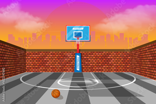 Empty basketball court in city scene background. Outdoor basketball Vector