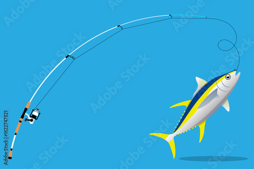 Fishing rod, pole, catching fish with hook and bait. Trophy caught with angle, line equipment, gear. Outdoors activity, recreation, line and lure. Flat vector illustration isolated on blue background