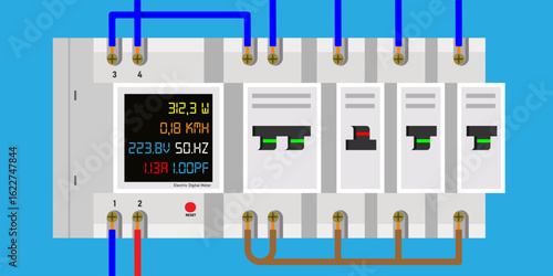 Digital Meter Breakers switch vector flat, fuse vector, electric box, circuit breakers, electrical panel, switch with wires, electric meter in box