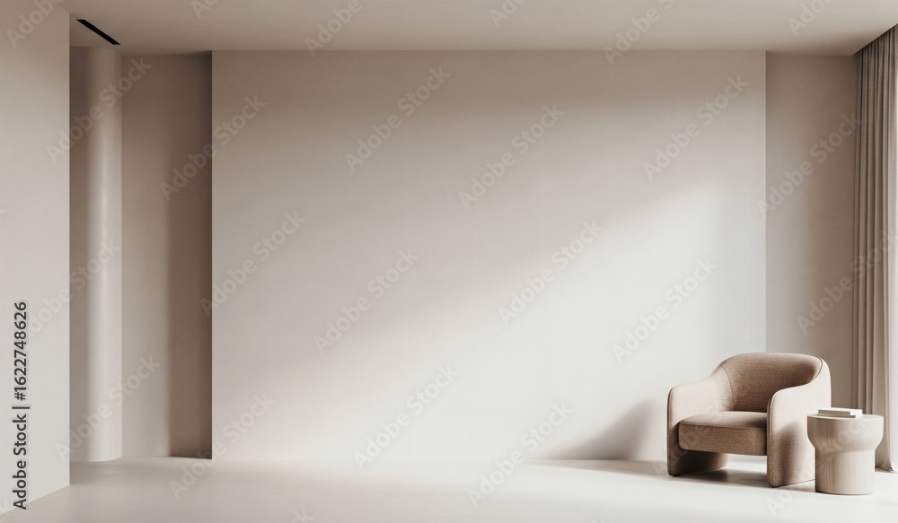 Fototapeta premium Light beige living room - modern interior hall and furniture design. Mockup for art - ivory taupe empty texture plaster microcement wall. Luxury premium nude accent lounge reception. 3d render