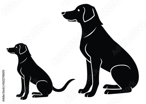 Silhouettes of Two Labrador Retriever Dogs Sitting on White Background animal