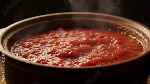 Close-up of bubbling sauce – hot, rich texture with steam and intense cooking detail - Tomato sauce and red sauce