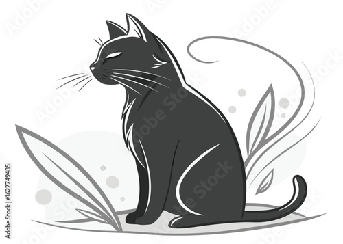 Stylized Black Cat Sitting with Decorative Elements on White Background feline animal