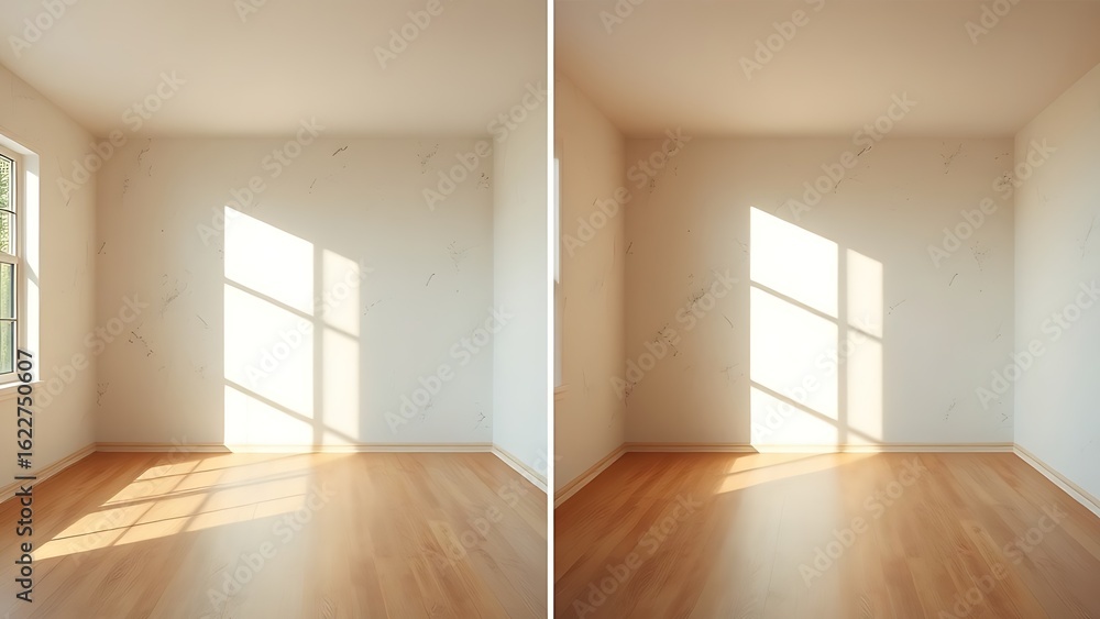 Obraz premium A side-by-side comparison of empty rooms showcasing different wall textures in ambient light.
