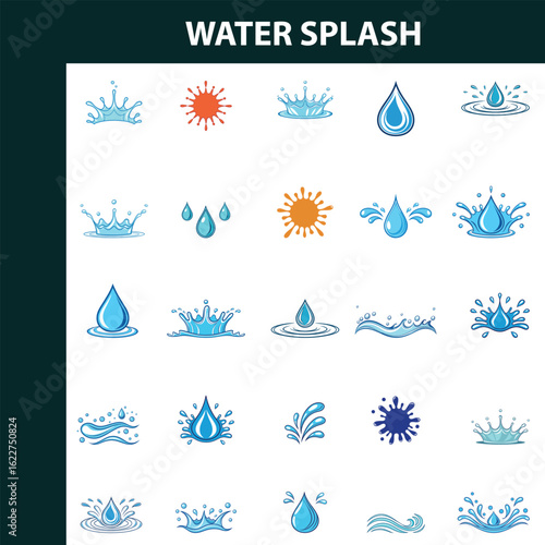 Collection of Water Splash Icons and Droplets in Blue and Orange Colors
