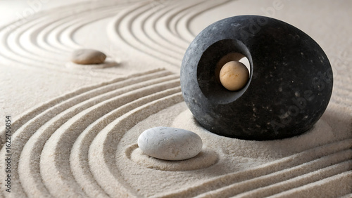 Zen garden stone arrangement with raked sand and lighted orb