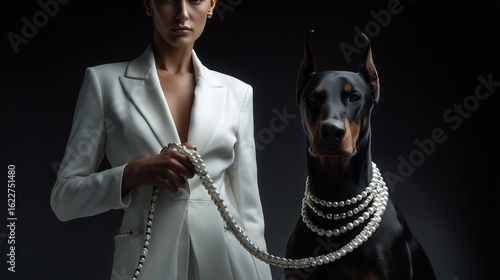Elegant woman in white suit and her doberman dog with pearls against dark background