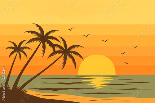 Retro-style summer beach illustration featuring a sunset over the ocean with warm orange and yellow gradient tones. Silhouettes of palm trees and flying birds create a tropical holiday vibe