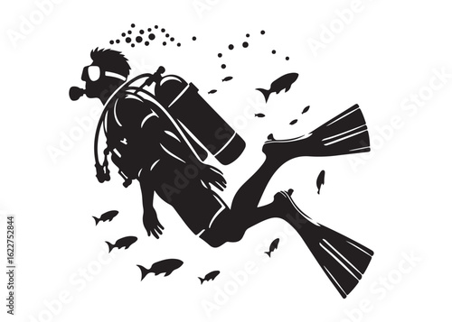 scuba diving logo silhouette vector, scuba driver vector logo silhouette design, scuba diver silhouette vector illustration, underwater scuba diving logo vector silhouette on white background