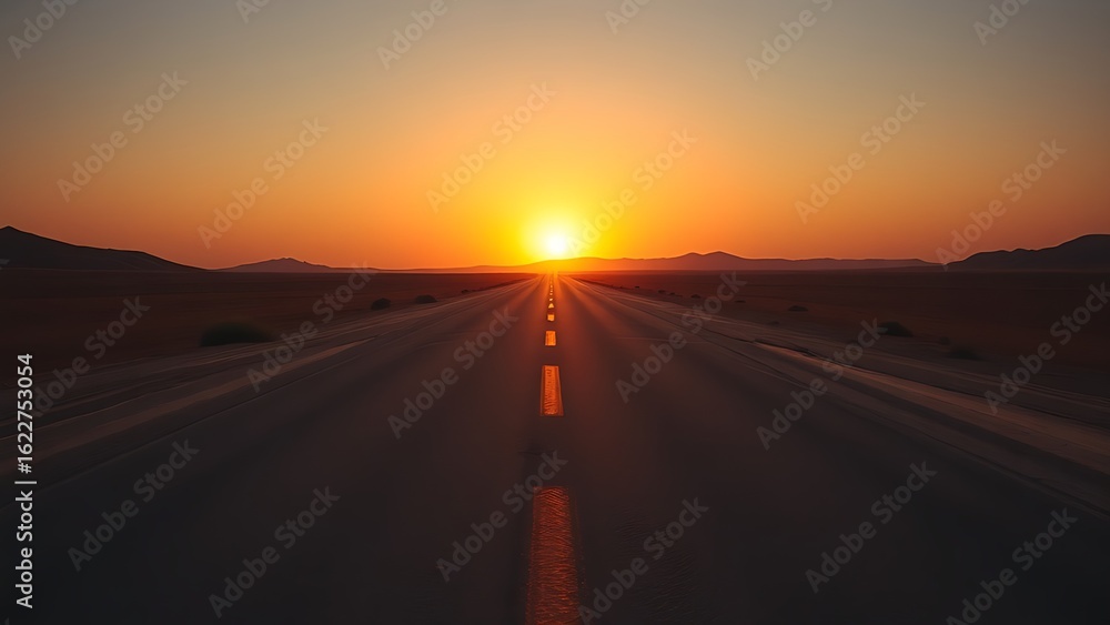 Fototapeta premium A desert road splits under a golden sunset, creating a striking contrast with warm hues.