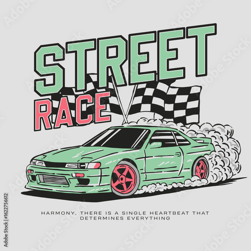 Sport car print design for t shirt print, street race, poster, sticker, background and other uses. Fast wheels challenge. California street race design. Road speed graphic print. Extreme racing.