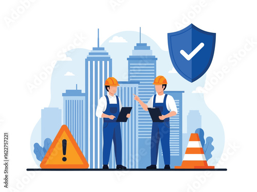Construction workers with clipboards ensure safety standards in an urban building project.