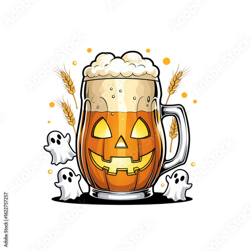 A spooky Halloween brew a pumpkin faced beer mug with frothy head and on transparent background