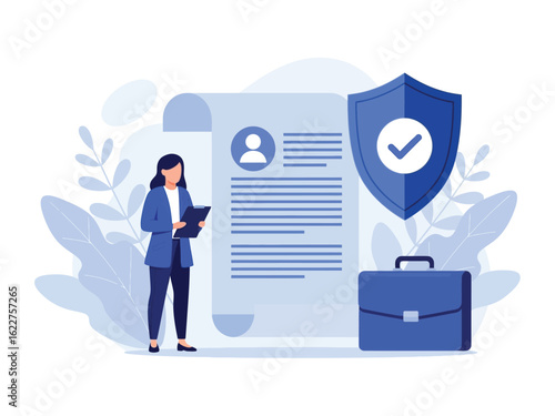 A businesswoman reviews a personal data policy or insurance contract with a security shield and briefcase.