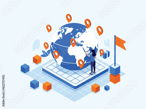 A woman stands beside a large globe, managing multiple international locations with map pins.