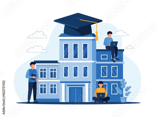 Three students with laptops and books study around a large university building adorned with a giant graduation cap.