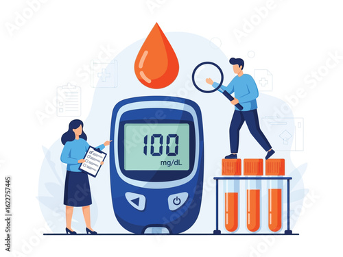 Medical professionals analyzing a blood glucose level of 100 mg/dL on a glucometer for diabetes care.