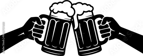 two hands clinking large beer steins together in a celebratory cheers pose