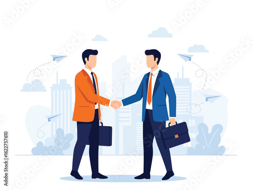 Two businessmen shaking hands to finalize a deal, with a modern city skyline and paper airplanes in the background.