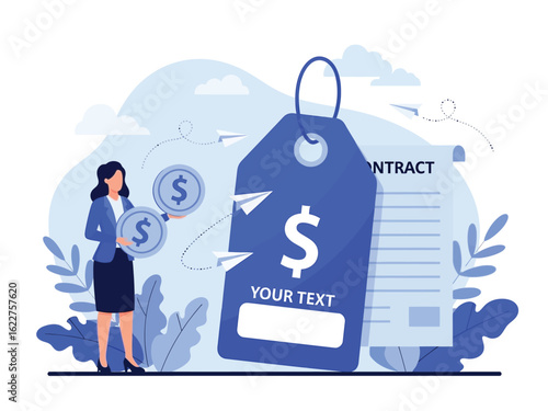 A businesswoman holds dollar coins next to a large price tag and a contract, illustrating a business deal, pricing, and financial agreements.