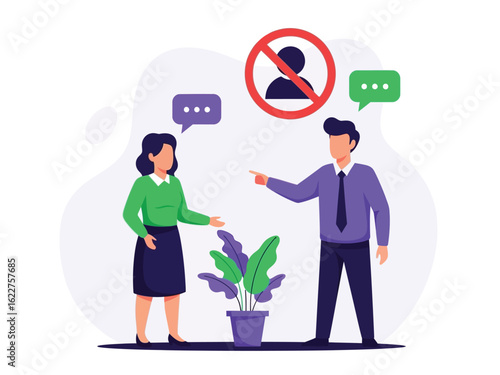 A man points accusingly at a woman during a conflict, with a red banned user icon overhead.