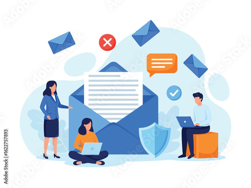 A team manages digital correspondence and email security with a large envelope and laptops.
