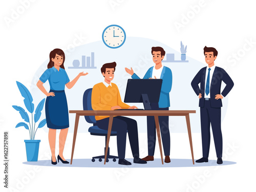 A team of business professionals collaborating on a project around a computer in a modern office.
