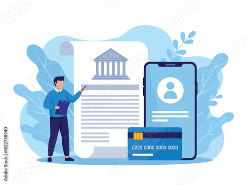 A man points to a large bank document next to a smartphone showing a user profile and a credit card.