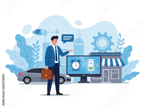 A businessman presents a modern business solution for time and energy efficiency in a city.