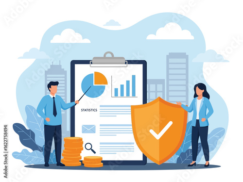 Business professionals stand with a clipboard of financial charts and a large security shield.