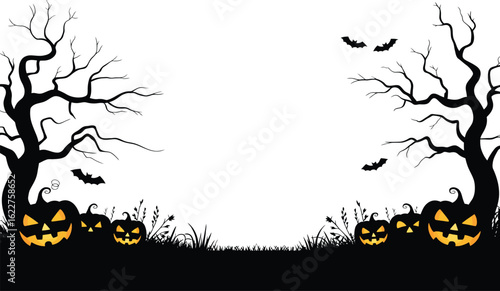 Halloween Silhouette Border Vector with Glowing Jack-o-Lantern Pumpkins, Spooky Trees, Flying Bats and Blank Space for Text