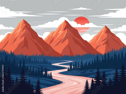 A stylized landscape illustration of a winding river flowing through a pine forest towards red mountains at sunset.