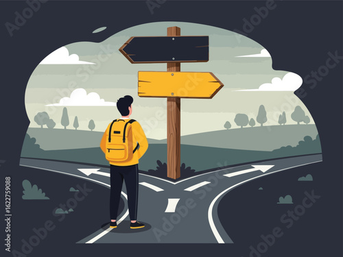 A man with a backpack stands at a fork in the road, contemplating which direction to choose.