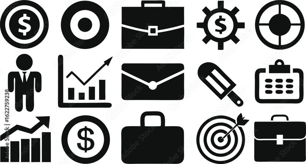 Fototapeta premium Black Silhouette Icons for Business and Finance with Briefcases, Money, and Targets vector illustration