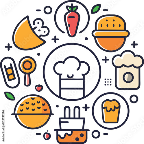 Circular Arrangement of Food and Cooking Icons with Chef Hat burger