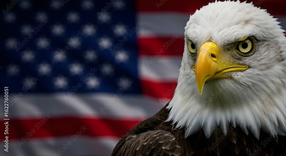 Naklejka premium image of eagle against the American flag while celebrating Independence Day. Abstract painting concept. Colorful art of the bald eagle. National symbol of the USA. 